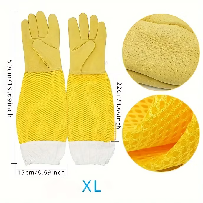 Beekeeping Protective Gloves with Mesh Sleeve - Synthetic Leather Glove for Begi