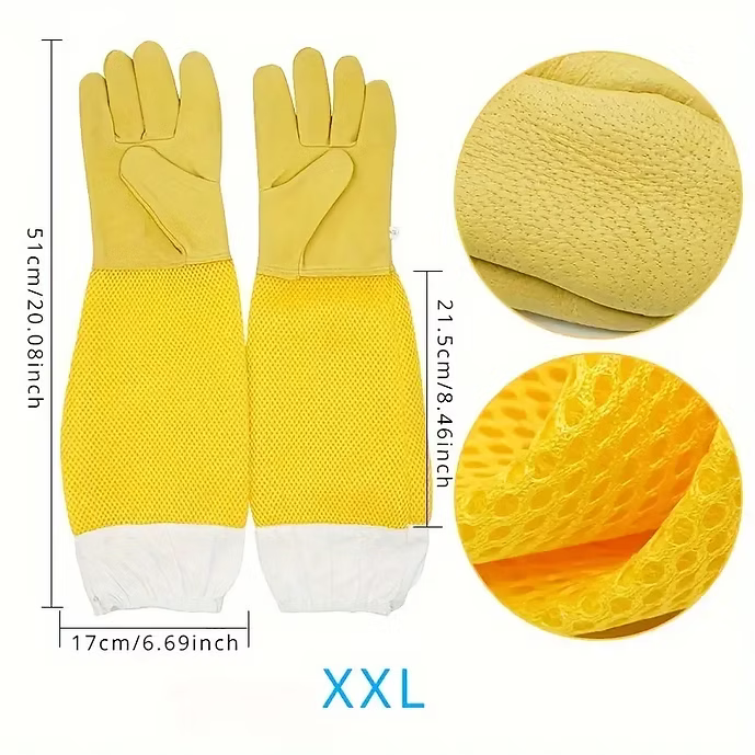 Beekeeping Protective Gloves with Mesh Sleeve - Synthetic Leather Glove for Begi