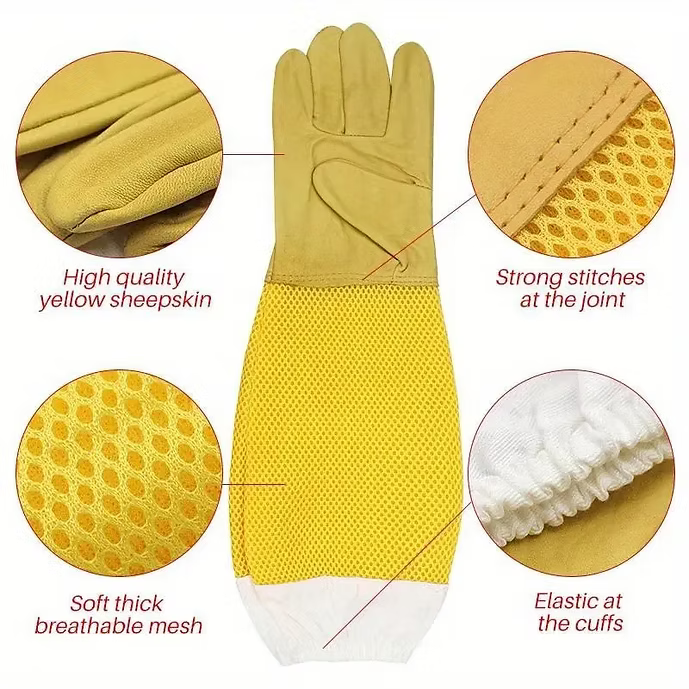 Beekeeping Protective Gloves with Mesh Sleeve - Synthetic Leather Glove for Begi