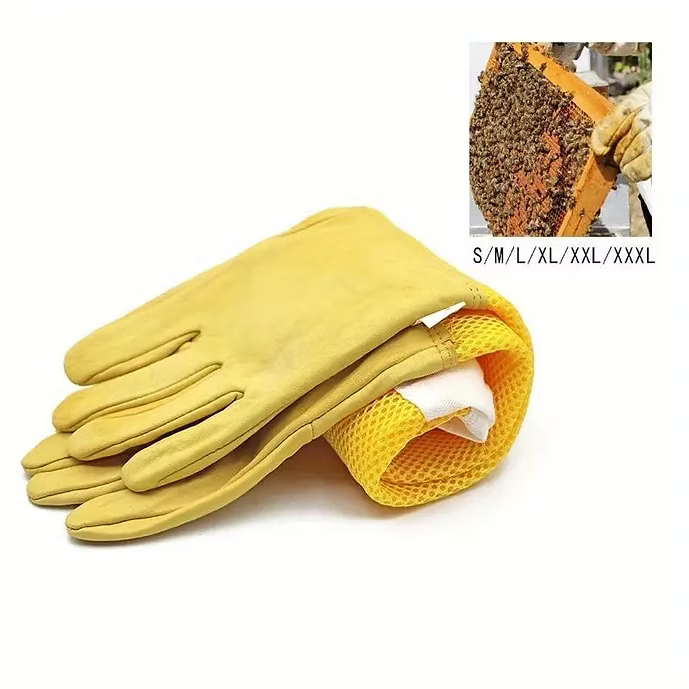 Beekeeping Protective Gloves with Mesh Sleeve - Synthetic Leather Glove for Begi