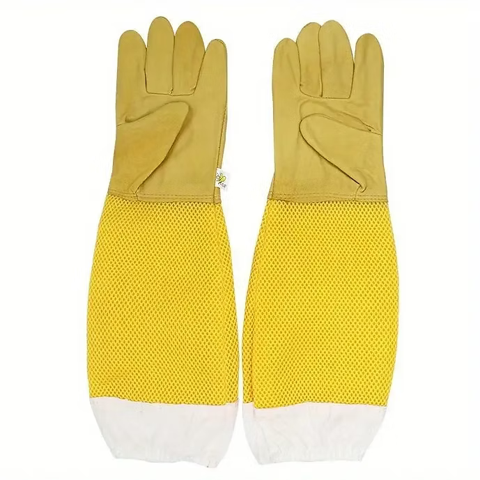 Beekeeping Protective Gloves with Mesh Sleeve - Synthetic Leather Glove for Begi